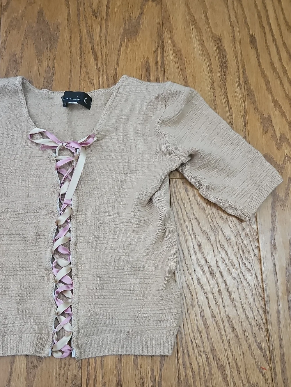 Annie Li Vintage Y2K Ribbed Lace-Up Cardigan Top •Tan/Pink • Size Small